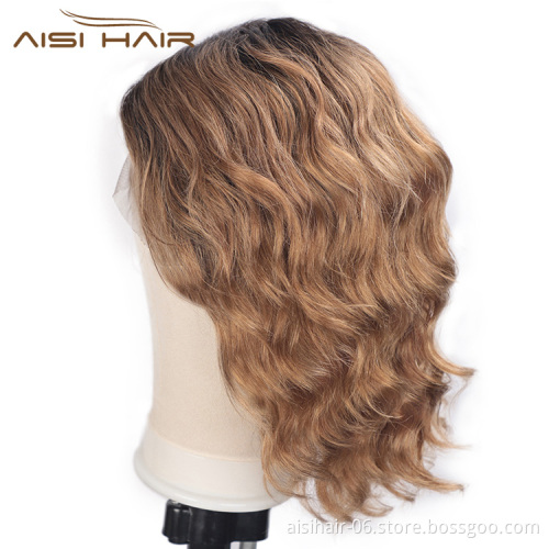 Aisi Hair Top Quality Short Bob Ombre Brown Swiss Lace Wigs Body Wave Brazilian Human Hair Lace Front Wigs For Black Women